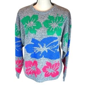 Vintage Kate Collins Acrylic Hibiscus Flower Crew Neck‎ Sweater, Loose Fit